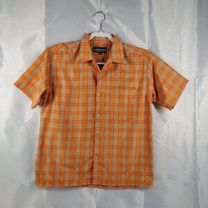 Point Zero Button Up Short Sleeve Shirt Orange Tan Plaid 1 Pocket Youth Sz M